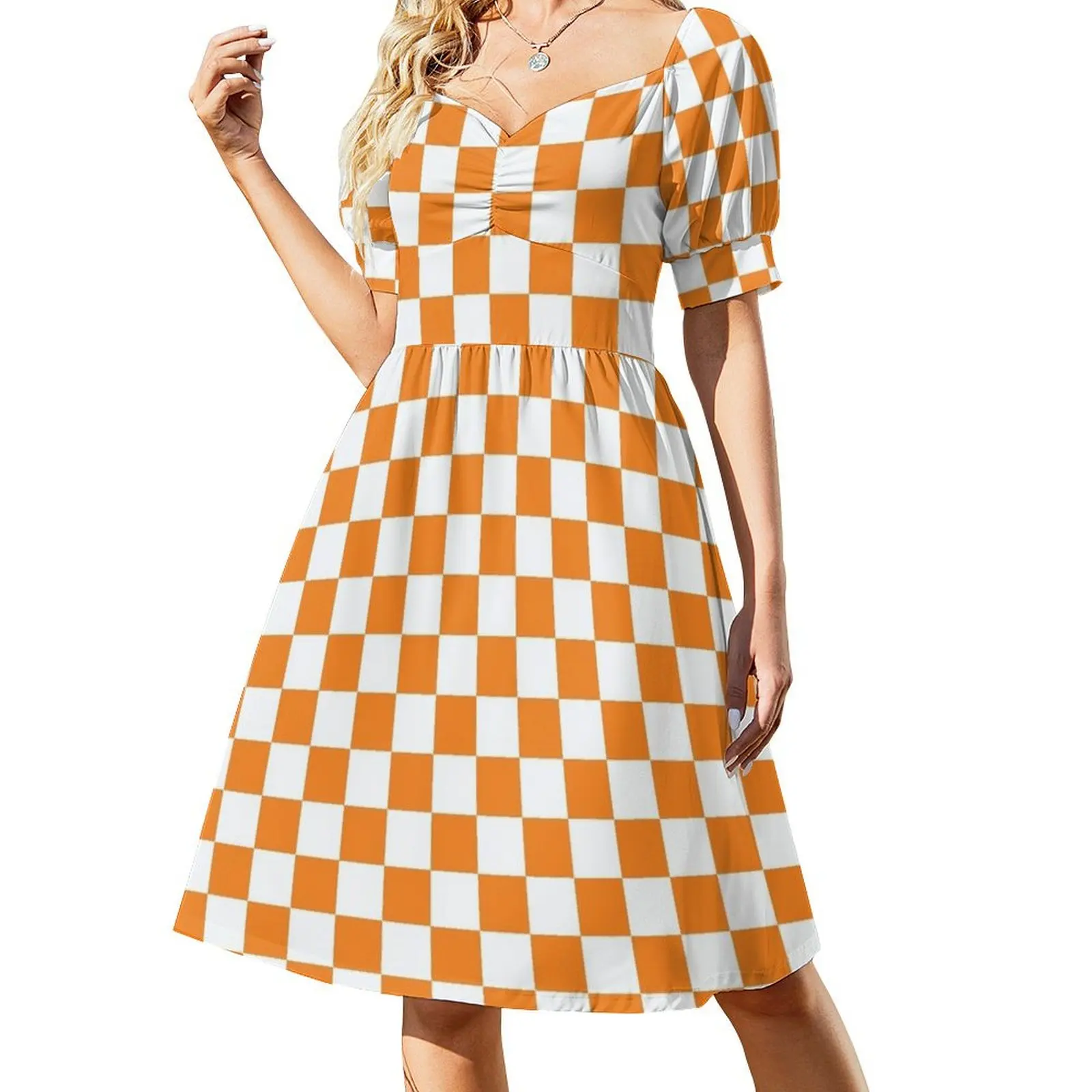 thumbnail image 1 of Vestido naranja de cuadros de manga corta, ropa de mujer coreana, vestidos elegantes y con estilo, venta de vestidos para mujer., 1 of 7