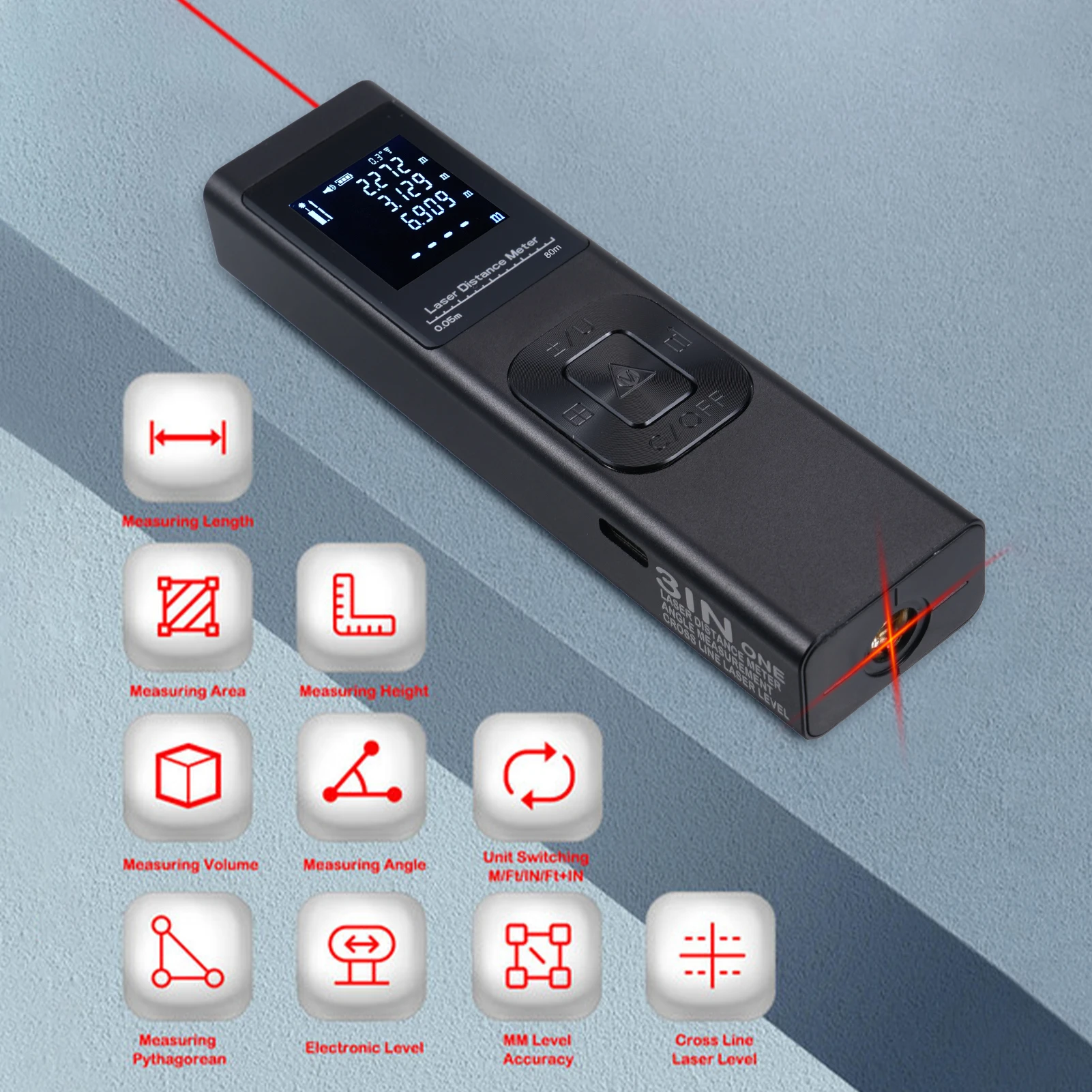 3in1 Laser Distance Meter Angle Measure Cross Line Laser Level Rechargeable Inclinometer Electric Angle Sensor Backlit LCD laser rangefinder distance meter