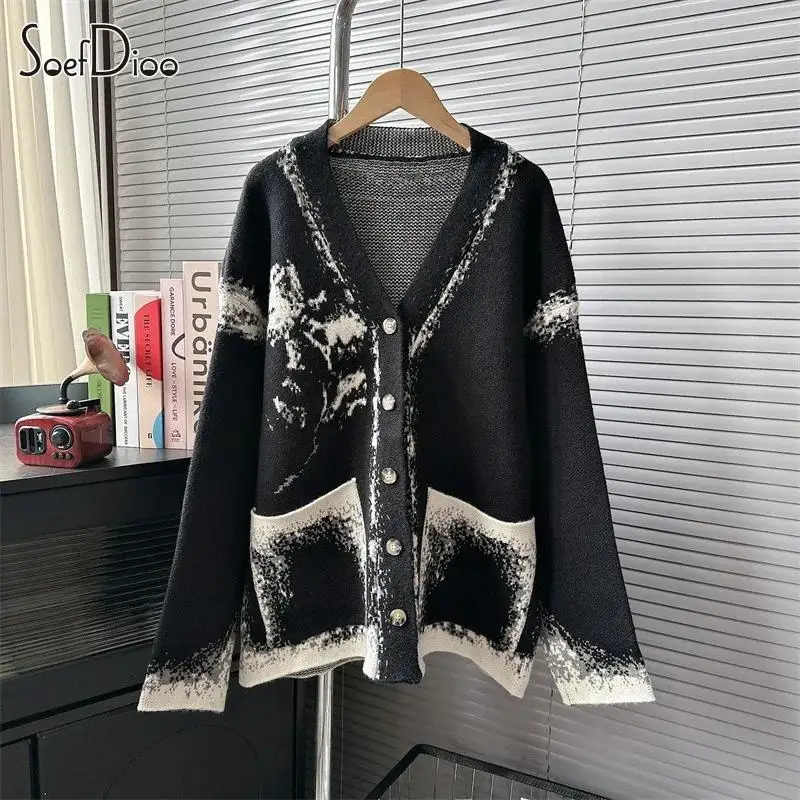 

Ssoefdioo Contrast Color Knitted Cardigan Women Fashion V-Neck Single Breasted Loose Sweater Jackets 2023 Autumn Y2K Streetwear