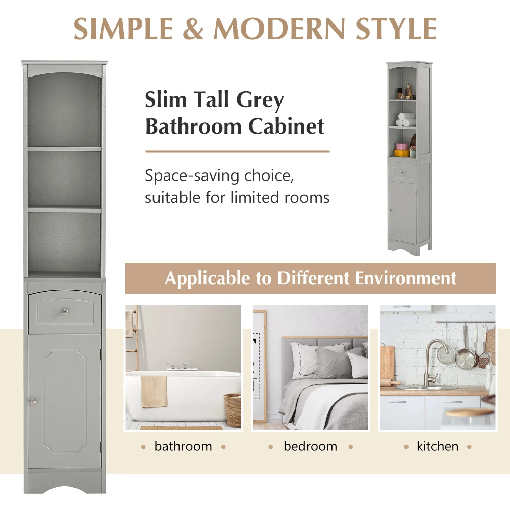 Tall Bathroom Cabinet, Freestanding Storage Cabinet With Drawer, MDF Board, Adjustable Shelf, Grey 4