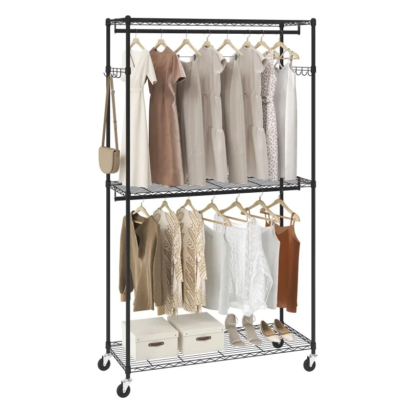 

Clothes Rack 3 Tiers 400 lbs Rolling Free-Standing Clothing Garment Rack with 2 Rods Lockable Wheels and Side Hooks