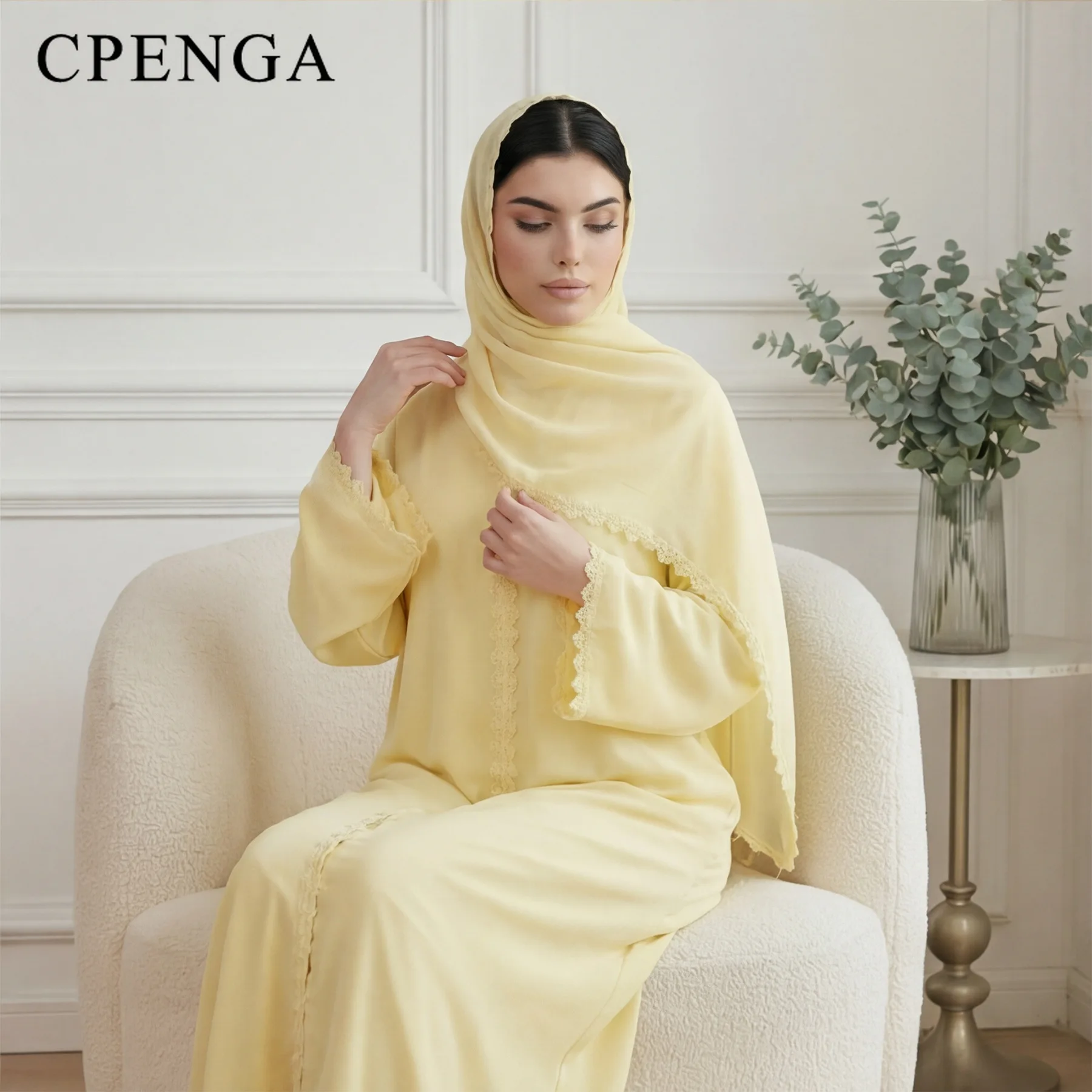 Dubai luxurious abaya of two pieces with hijab, elegant Islamic dress for women, party jalabiya set, Turkish kaftan