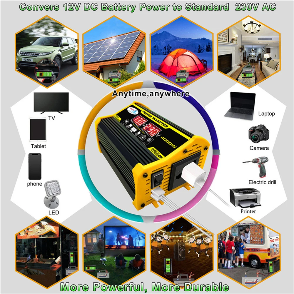 휴대용 인버터 자동차 전원 인버터, DC12Volt  AC110/220Volt 변압기, 4000W 수정 사인파 인버터, 듀얼 USB LED 디스플레이