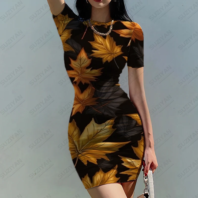 

Платье с 3D-принтом кленовых листьев, модное классическое летнее платье, новинка, высококачественное платье с коротким рукавом, женское облегающее платье в стиле Харадзюку