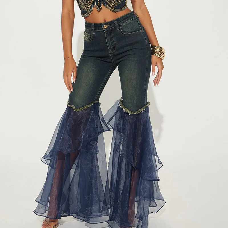 

Fashion Women Mesh Patchwork Denim Flare Pants High Waist Washed Denim Elastic Flared Pants Party See Through Mesh Petal Trouser