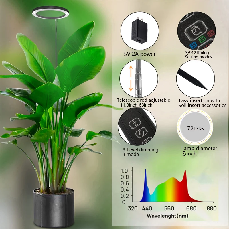 Grow Light Plant Grow Light LED Growing Lamp Full Spectrum for Indoor Plant 5V Height Adjustable 3Light Modes Dimmable Brightness Gooseneck