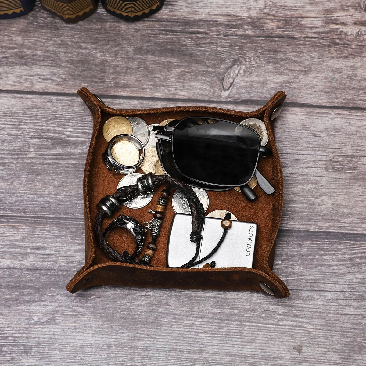 Storage Tray Creative Genuine Leather Valet Snap Home Office Desk Organizer Jewelry Pen Key Coin Desktop Folding storage tray,office supplies set