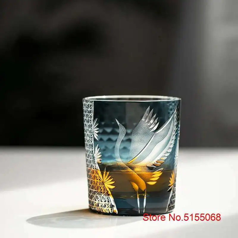 New Japanese Edo Kiriko Pine Crane Whiskey Glass Manual Carving Old Fashioned Whisky Tumbler Work Of Art Wine Cup Brandy Snifter