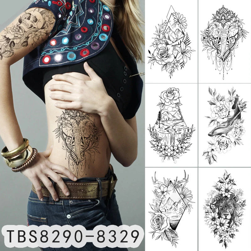 Fashion Body Art Tattoo Sticker Waterproof Temporary Sexy Thigh Tattoos For Woman Tattoo Fake Water Black Sketch Line Sleeve