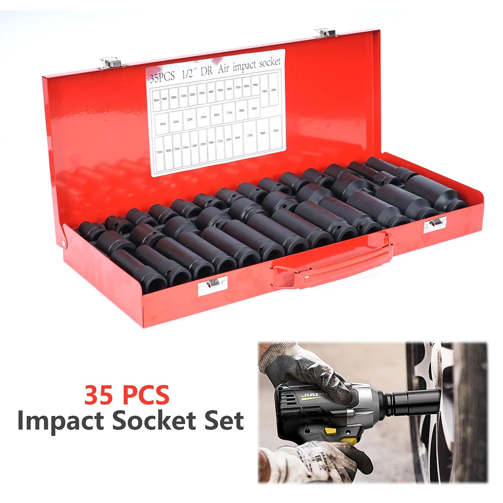 35-Piece 1/2" Drive Deep Impact Socket Set - Metric 8-32mm Axle Nut Sockets