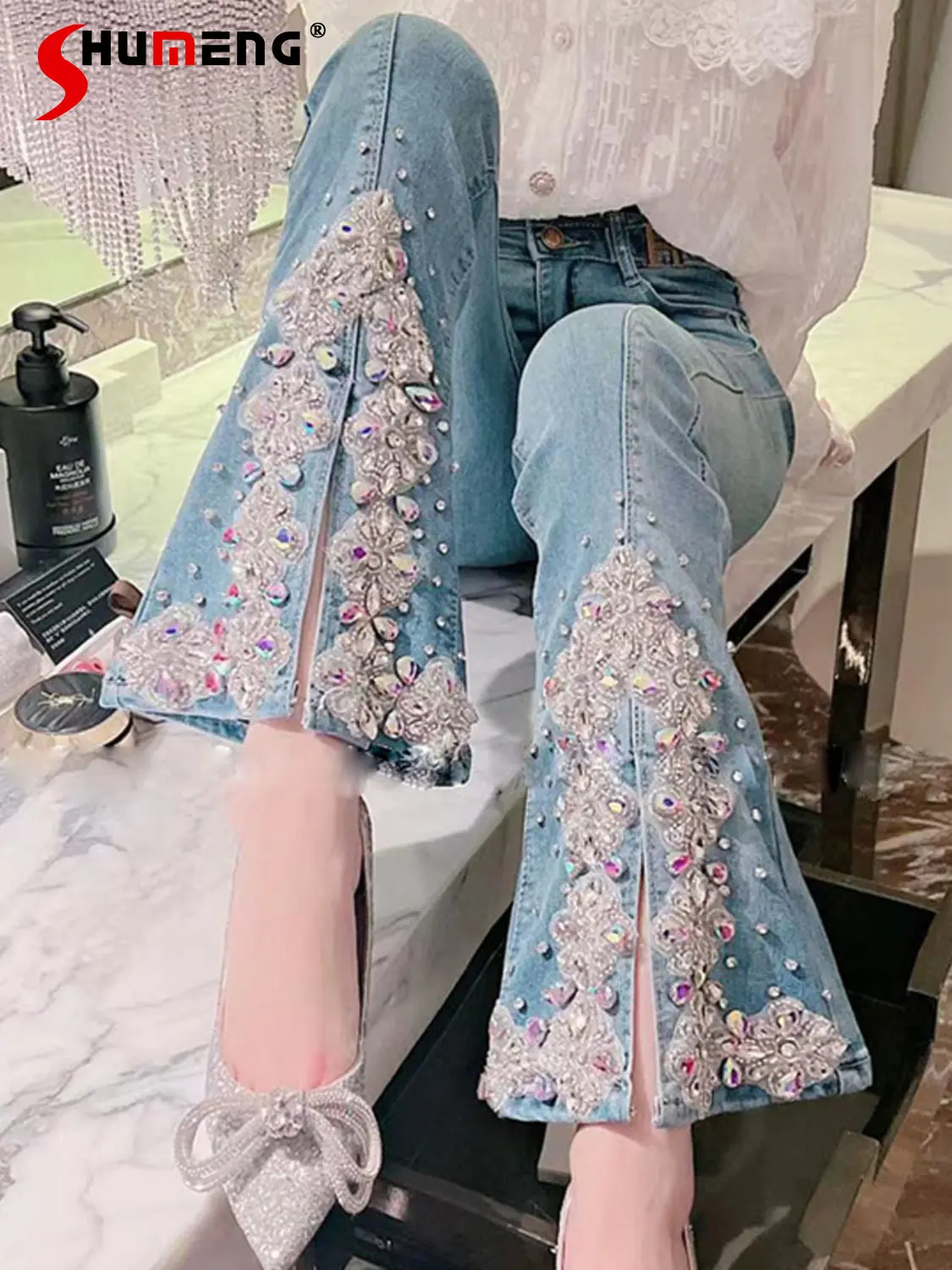 

Women Spring New Korean Sweet Luxury Colorful Crystals Slit Jeans Female Fashion Fairy High Waist Slimming Flared Denim Pants