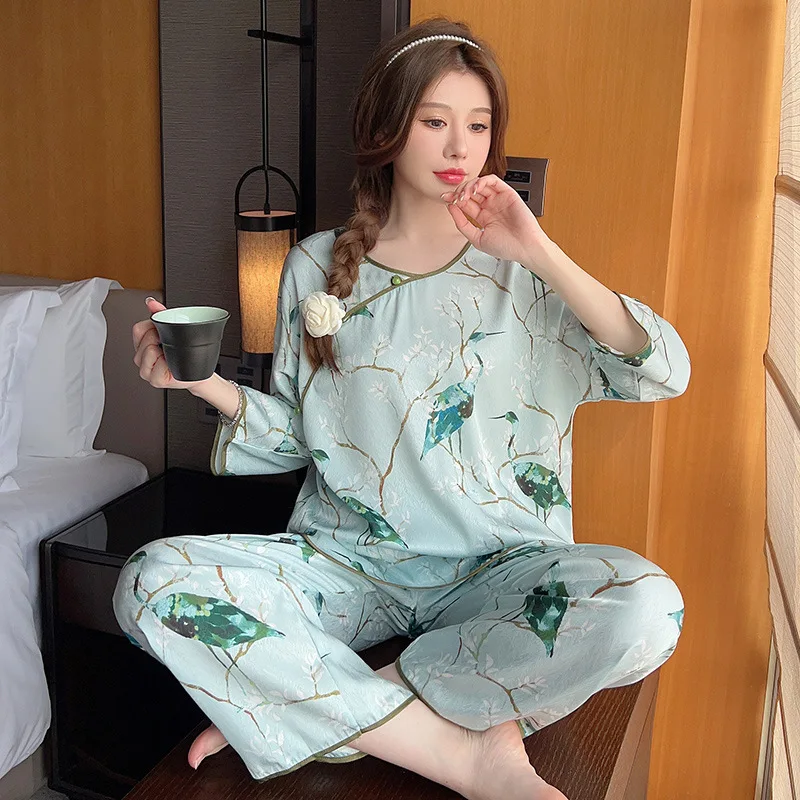 

Two-pieces Women Print Pajamas Set Satin Pijamas Sleepwear Nightwear O-Neck Spring Home Wear Top&Pants pj's Suit Lingerie