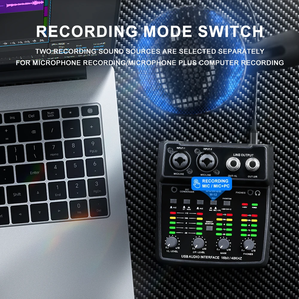 M-12 2 channels USB Audio Interface XLR Mic USB Sound Card for PC Recording Studio Plug&Play