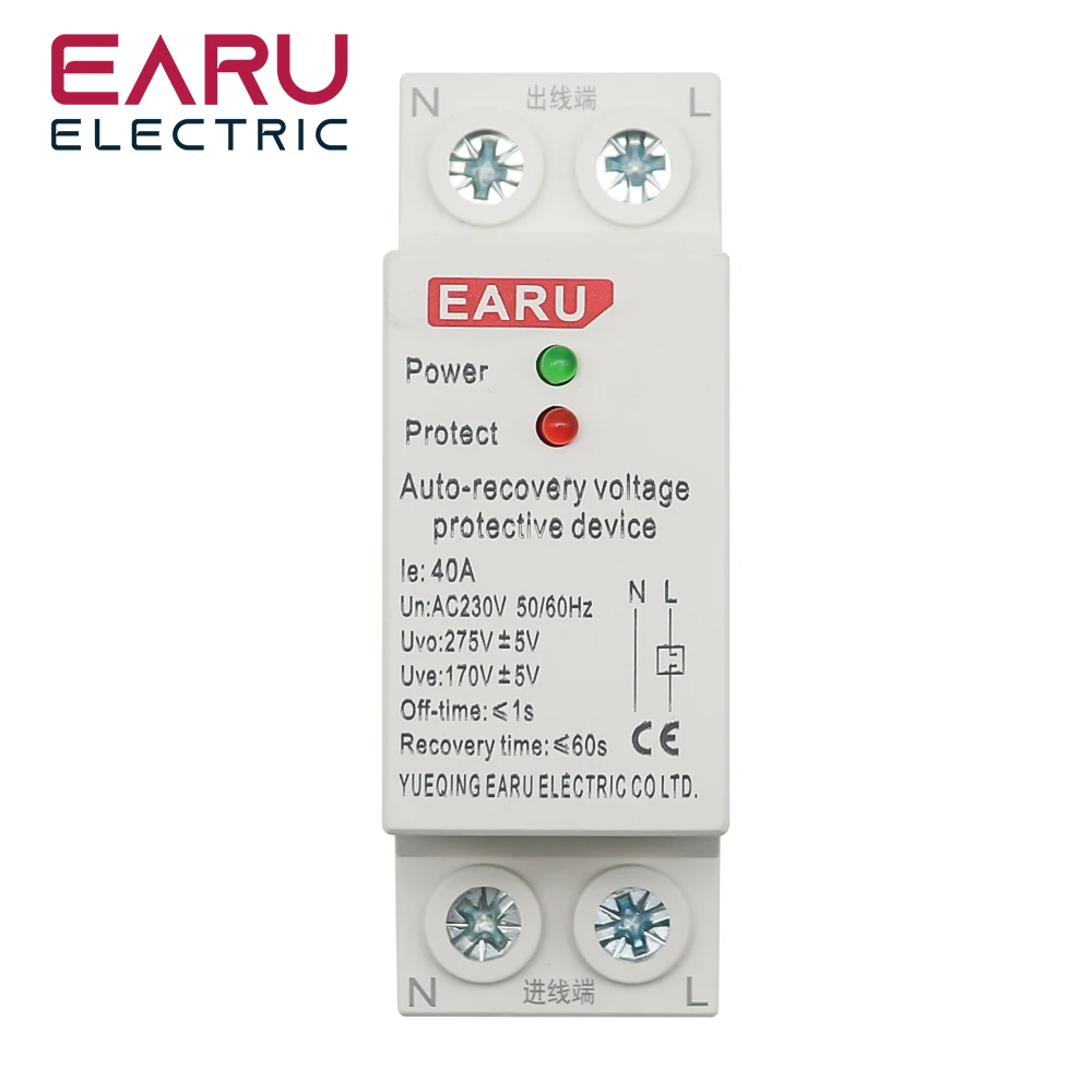 Overvoltage and undervoltage protection device protection relay with automatic recovery for DIN rail Earu 1P+N 27mm 40A 63A 230V
