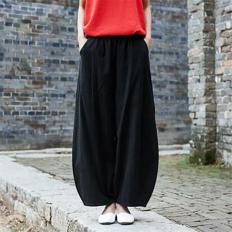 Plus size Autunm Casual Cotton Linen Pants Women 2024 Spring Summer Elastic Waist Basic Retro Loose Women' Harem Pants Trousers 3