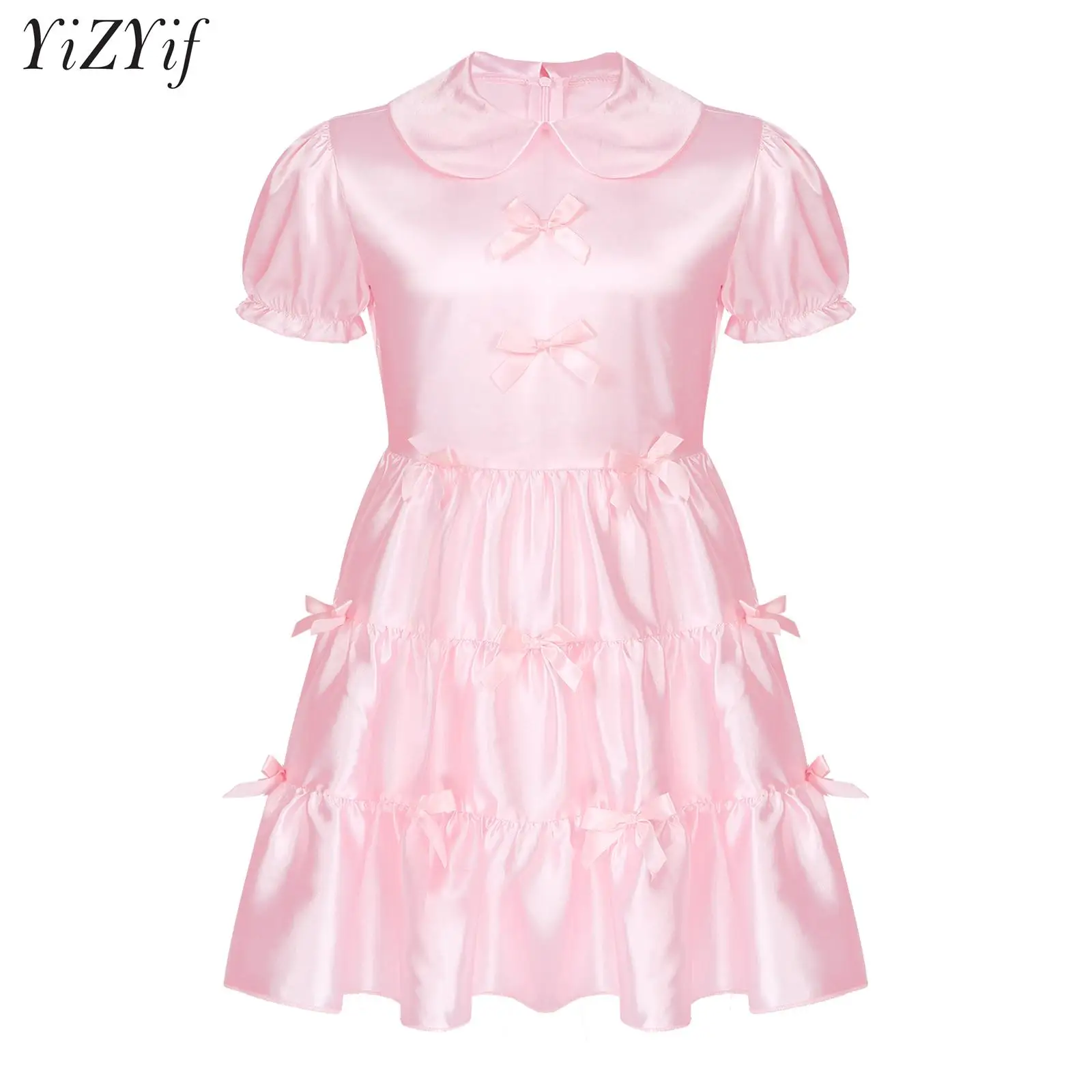 

Men's Sissy Cosplay Costume French Maid Role-Play Japanese Anime Crossdresser Puff Sleeve Mini Dress Ruffle Satin Pajamas