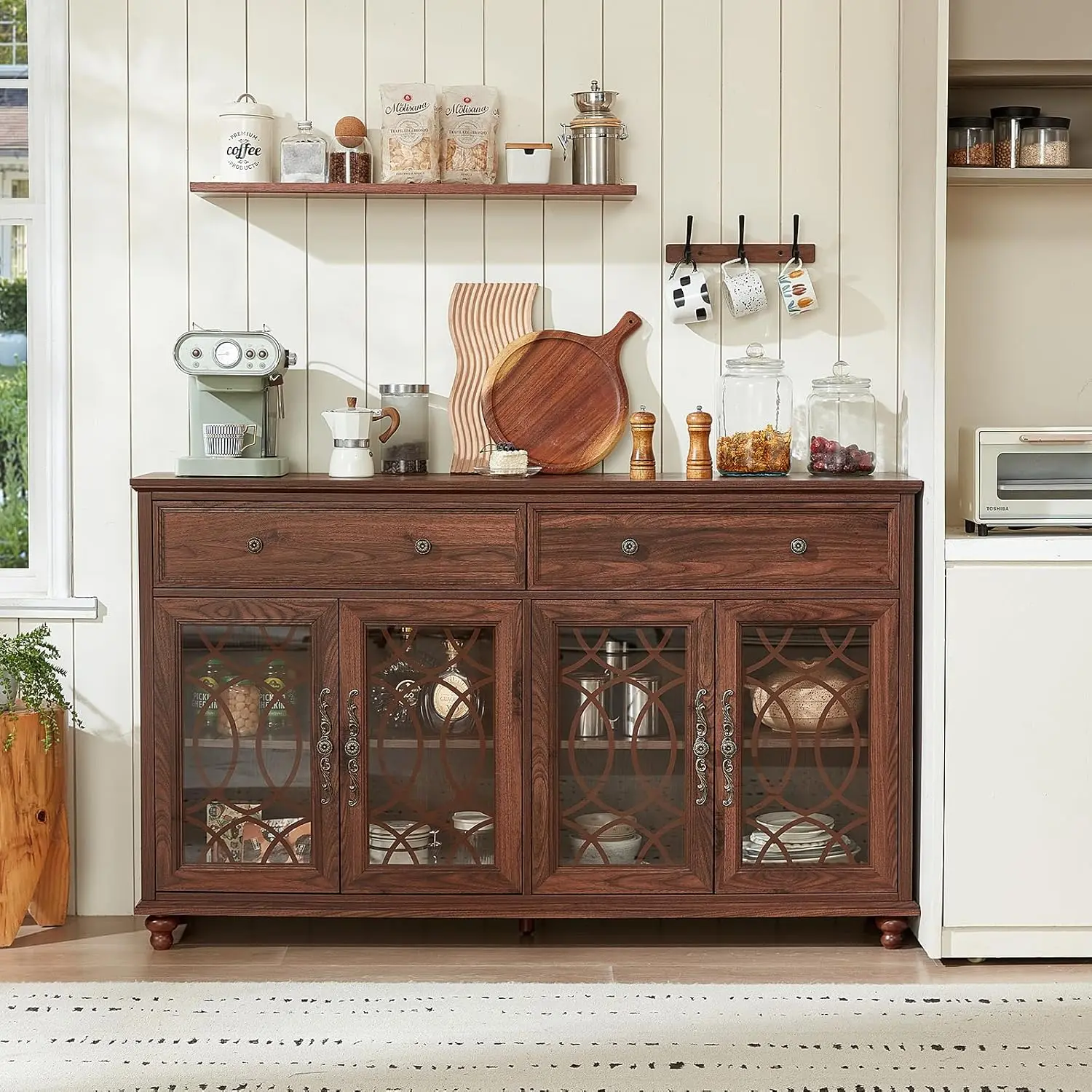 Farmhouse Sideboard Buffet Cabinet with Storage,59" Large Credenza with 4 Glass Doors & 2 Drawers,Adjustable Shelves Console Tab