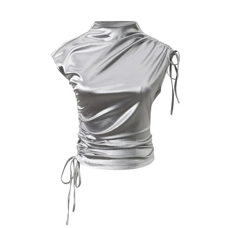 실버 드로스트링 하프 하이넥 반팔 티셔츠, 슬림하고 섹시한 크롭 탑, 그런지 그래픽 티, Y2k 의류