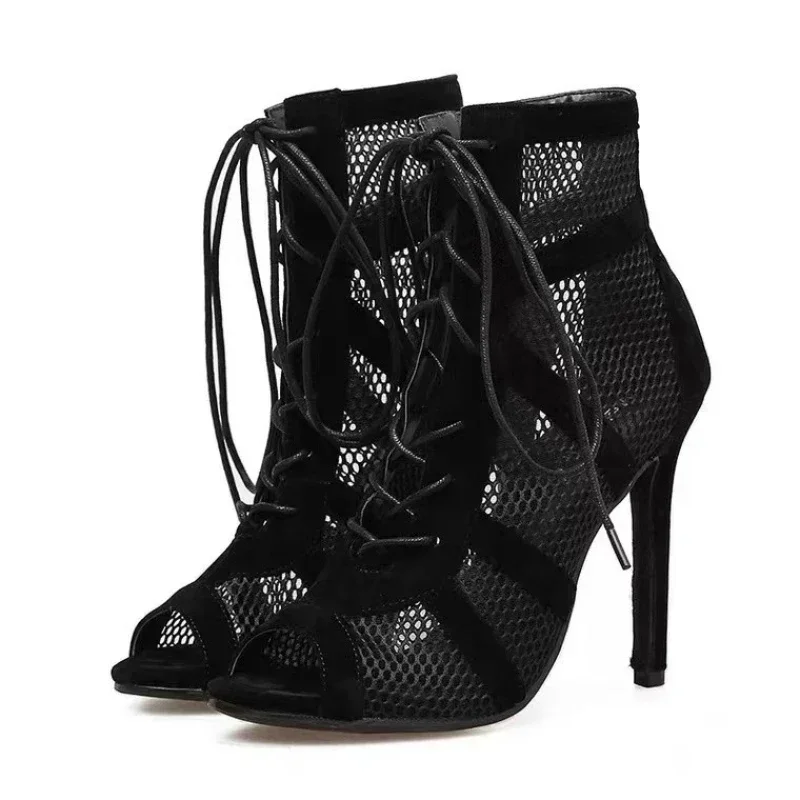 Women's High Heels Hollow Mesh Sandals Summer Cross-tied Peep Toe Ankle Strap