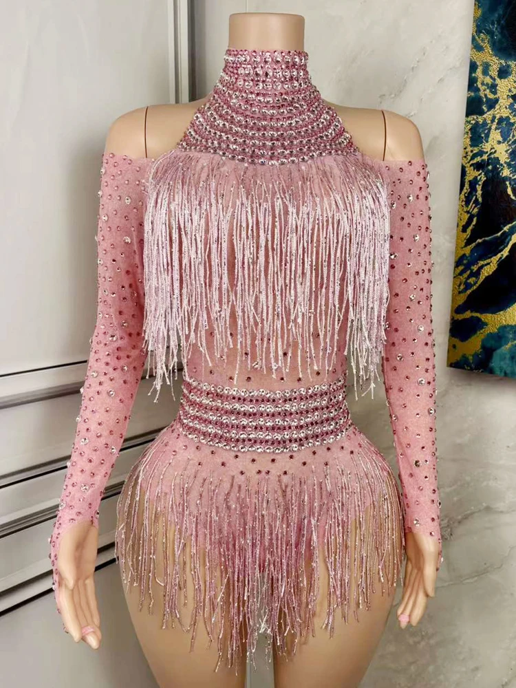 

New Style Pink Sparkly Rhinestone Women Bodysuit Sexy Bar Party Tassel Suit Singing Stage Performance Nightclub Show Outfit