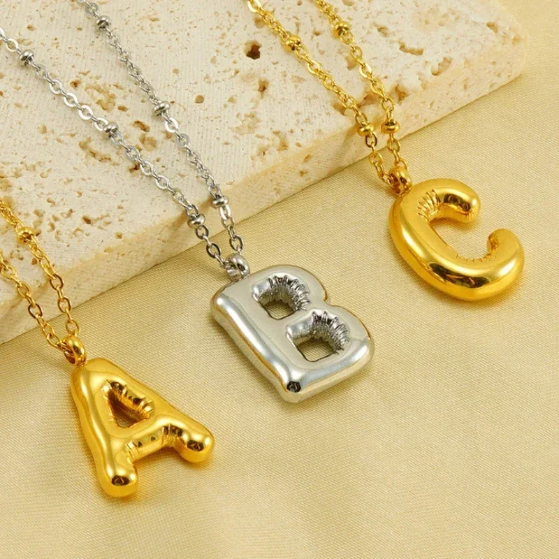 Summer Versatile Trend Bright Silver Color Chubby Letters Initial Pendant Necklace Balloon Bubble Alphabet Collar Choker Jewelry