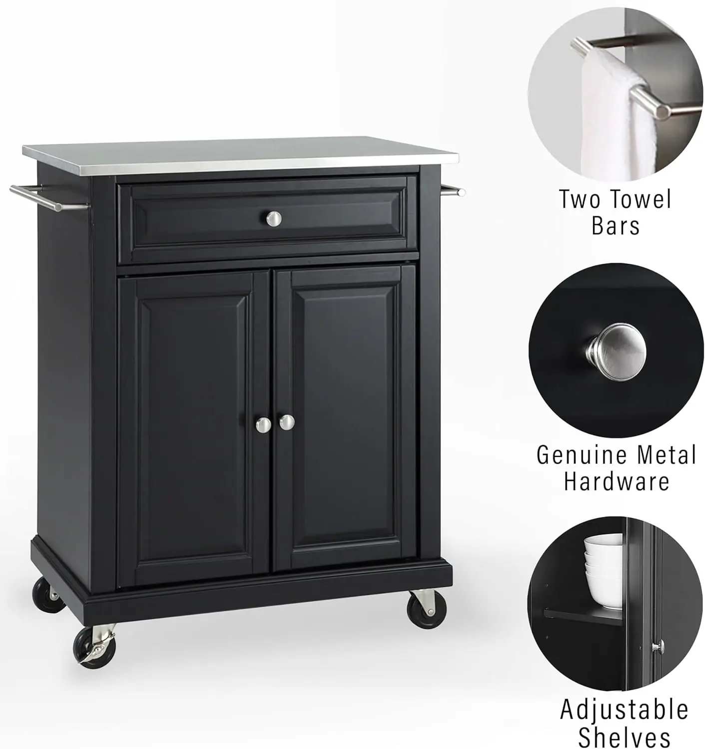 Compact Kitchen Island with Stainless Steel Top, Black