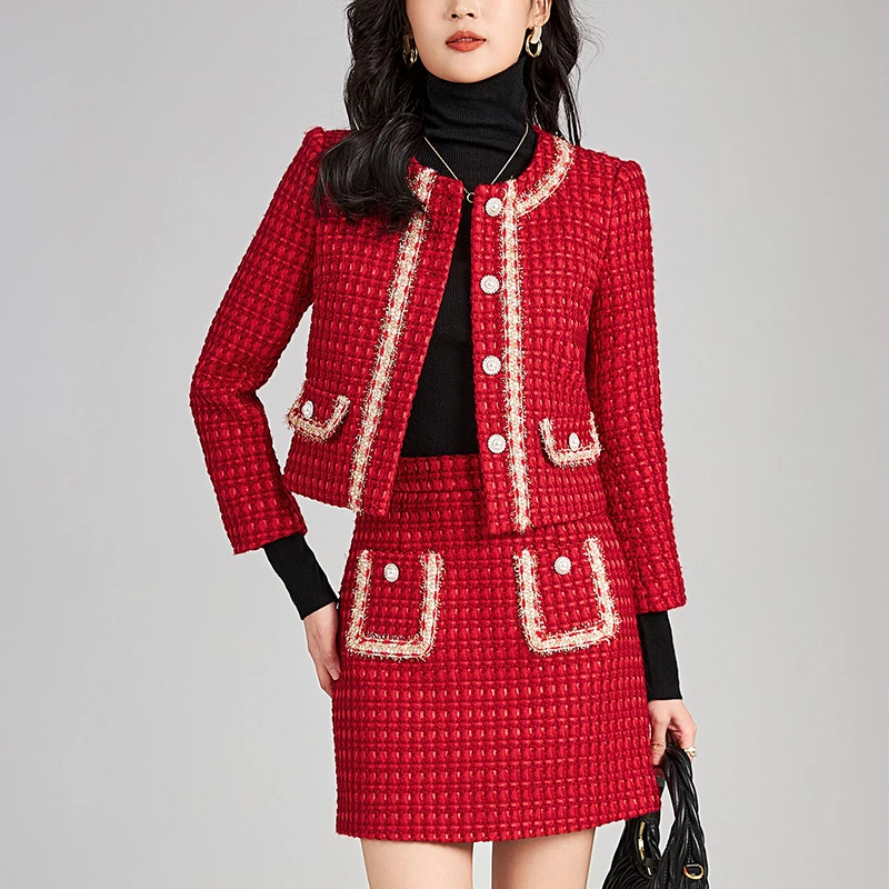 

Elegant Chic Vintage Tweed Skirts Sets Women Outfits Single Breasted Jacket Coat And Mini Skirt Office Lady Red Two Piece Set