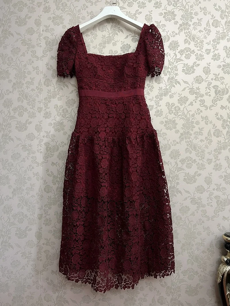

2022 Summer Women Sexy Lace Dress Hollow Out Wine Red Lady Evening Short Sleeve Flower Embroidery Midi Long Dresses Party