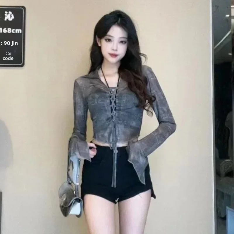 용수철 여성용 긴팔 자외선 차단 폴로 칼라 탑 그물 털실 카디건, 청순 섹시 소녀 스타일, 우아한 여름 신상