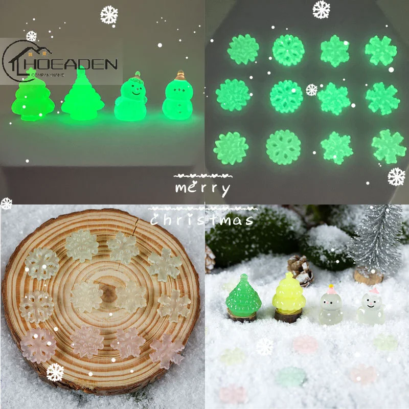 5Pcs Christmas Mini Luminous Christmas Tree Snowman Snowflake Figurines Micro Landscape Ornaments For Home Miniature Decor