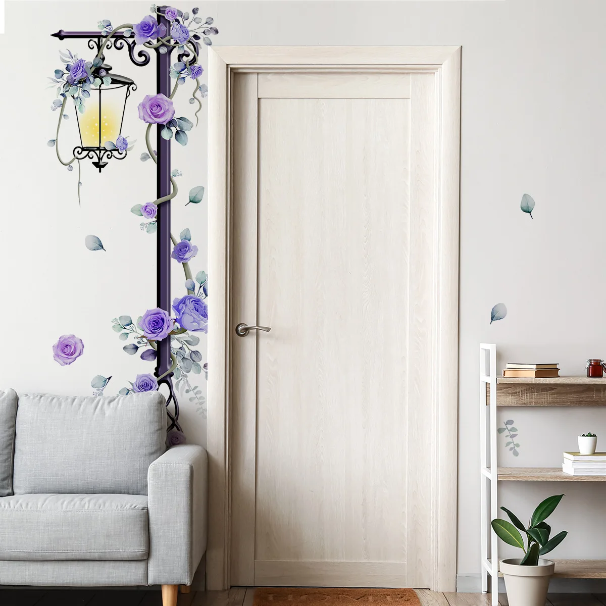Large Violet Rose Wall Sticker Self-Adhesive Floral Decal for Living Room Bedroom Background Wall (30x90cm, 4-Pieces in 1)
