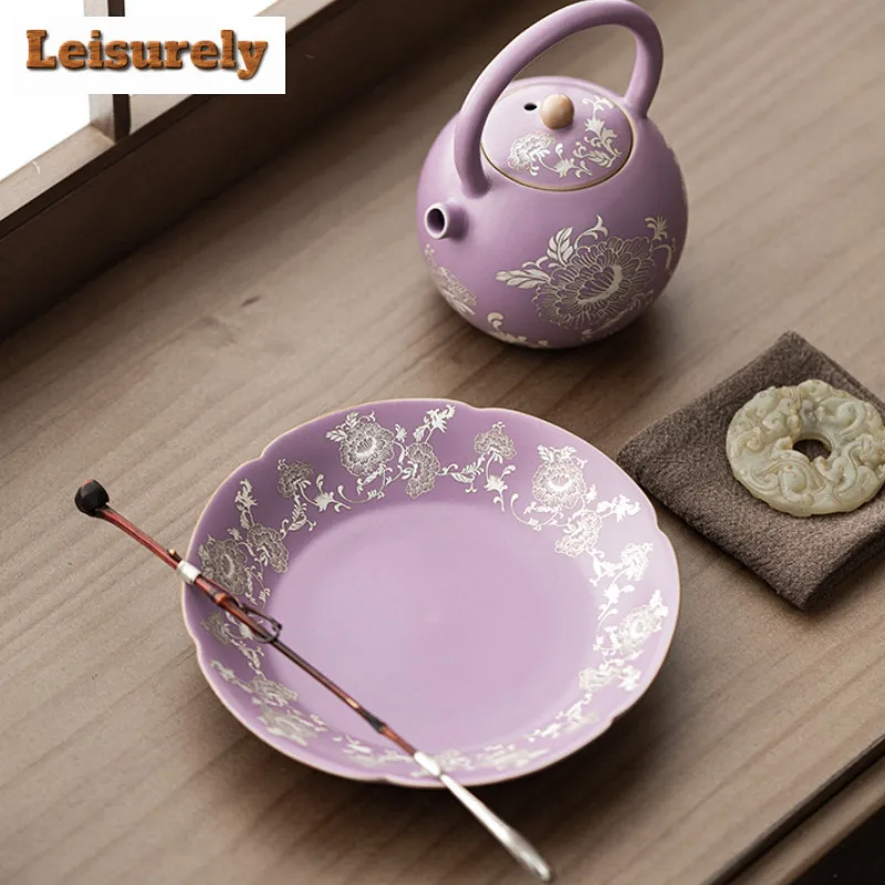 Purple Ru Kiln Gilded Silver Peony Entangled Lotus Pot Bearing Holder Teacup Holder Dry Bubble Table Tea Tray Coasters Cafes