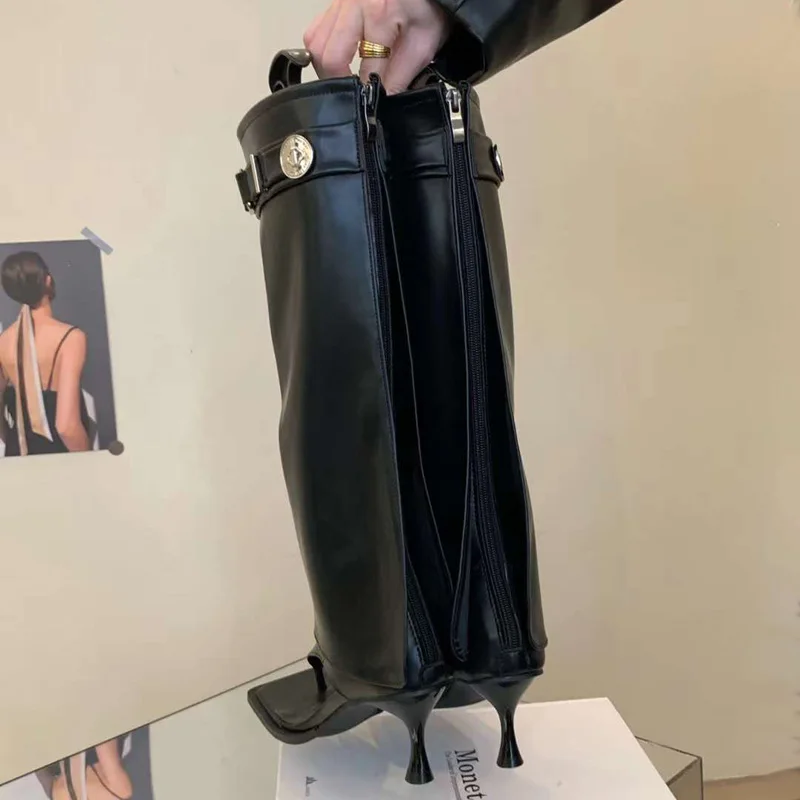 Women Thong Shoes Black Summer Boots Low Heel Flip Flops Knee-High Boots Sexy Zipper Clip Toe Sandals Ladies Buckle Shoes