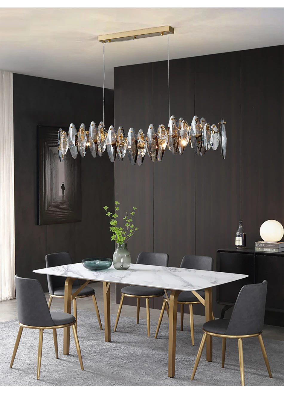 Wave design modern crystal light chandelier for dining room luxury smoky gray cristal lamps brief kitchen island hang lamps dining room chandeliers