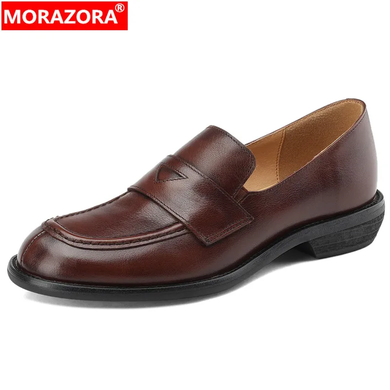 

MORAZORA 2024 New Genuine Leather Loafers Pumps Vintage Slip On Ladies Dress Shoes Square Med Heels Single Shoes