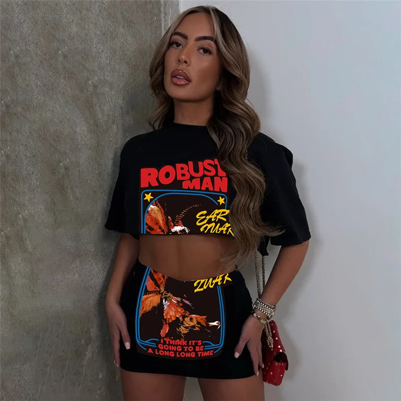

Graphic Print 2 Piece Sets Woman Outfit 2023 Summer Fashion Casual Short Sleeve Crop Top Mini Skirts Party Vacation Bodycon