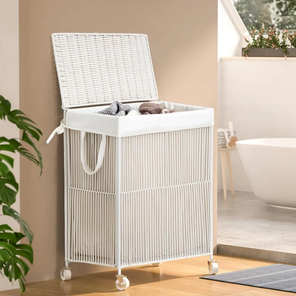 

Laundry Hamper with Wheels, Handwoven Rolling Laundry Basket with Lid, Clothes Hamper with Divided Removable Liner Bag