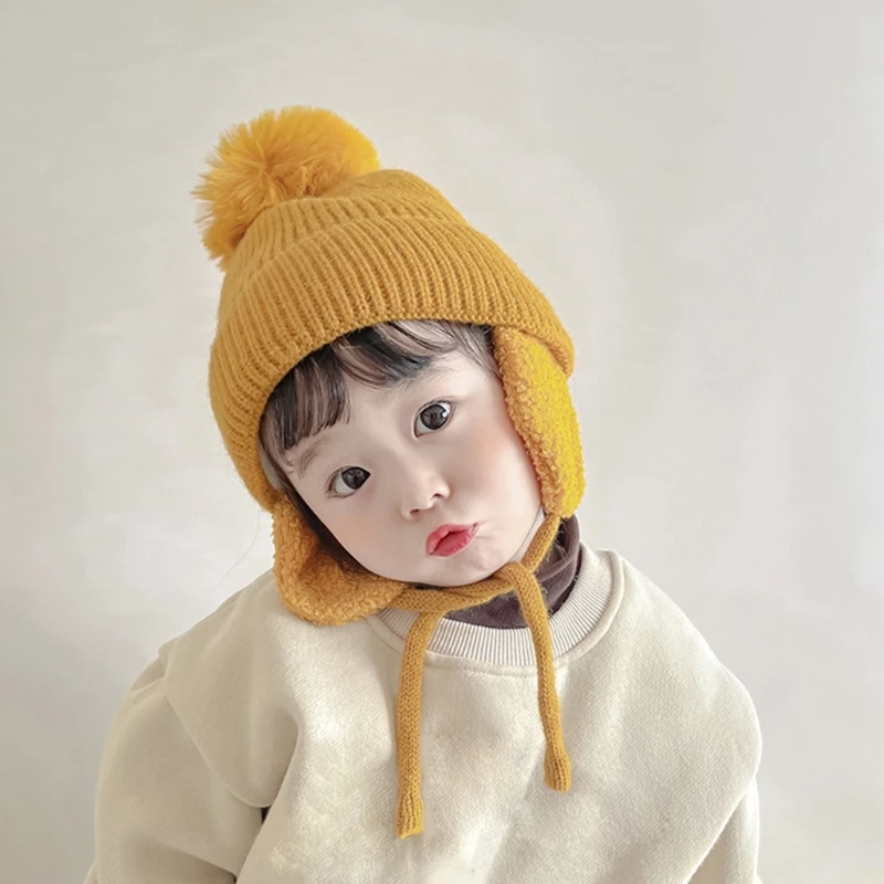 

Solid Color Baby Bonnet Soft Knitted Hat Plush Ear Cap Adjustable Hat for Warmth