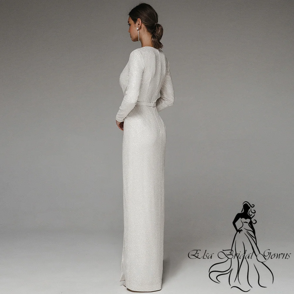 Customized Wedding Dresses New Arrivals V-Neck Simple Long Sleeves Sequin Bride Dress Side Split Mermaid Elegant Party Gowns 4