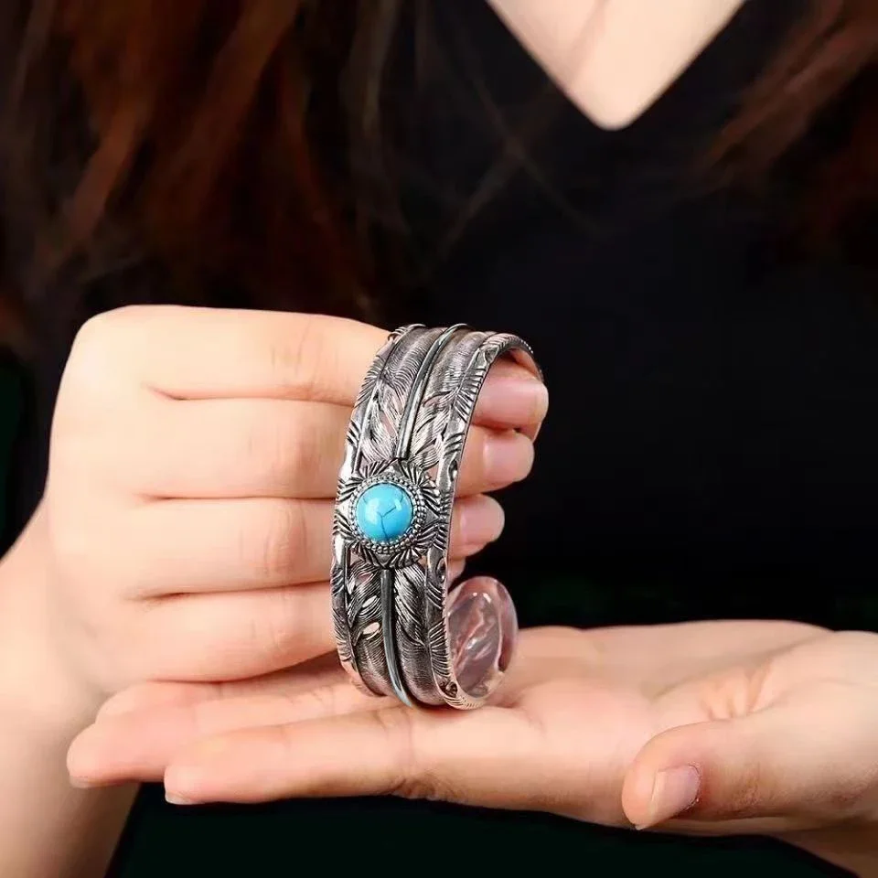 Silver Plated Turquoise Feather Wings Open Bracelet Men Domineering Cuff Bangles Women Fashion Party Jewelry Gift bangle bracelet