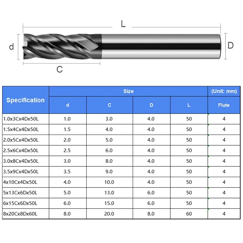SHAZAM HRC50 4 플루트 밀링 커터 세트, 텅스텐 스틸 카바이드 나노 코팅 CNC 기계, 플랫 엔드 밀 공구, 1.0mm-8.0mm, 10 개