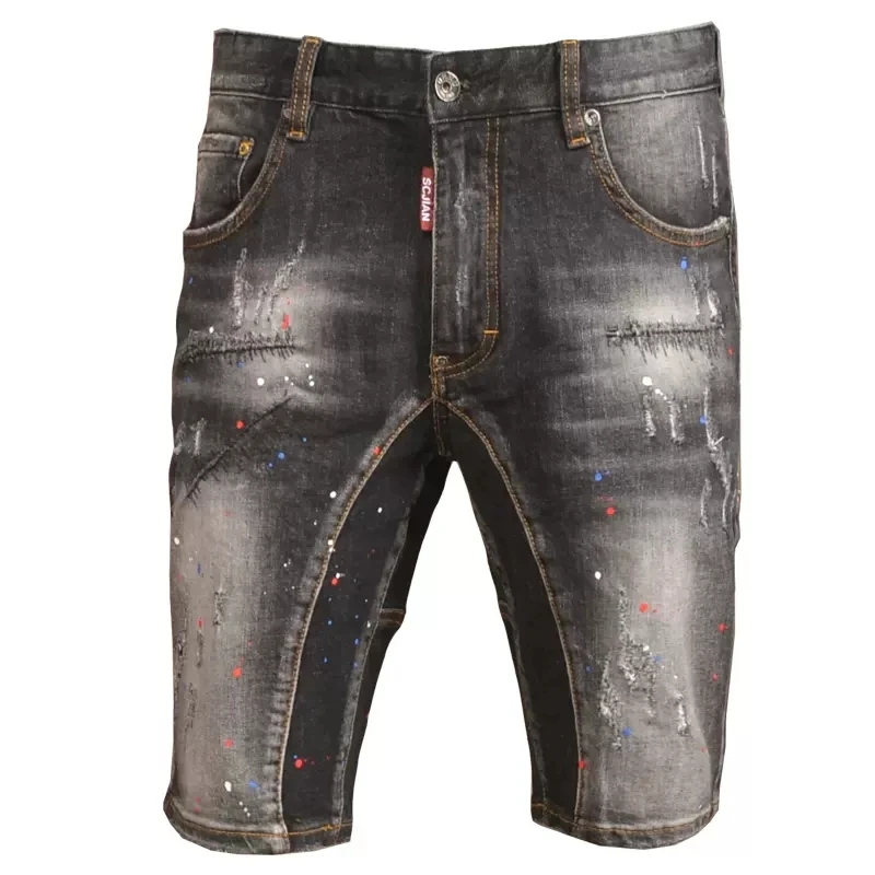 Summer Fashion Streetwear Men Jeans Retro Black Elastic Spliced Ripped Short Jeans Painted Designer Hip Hop Denim Shorts Hombre