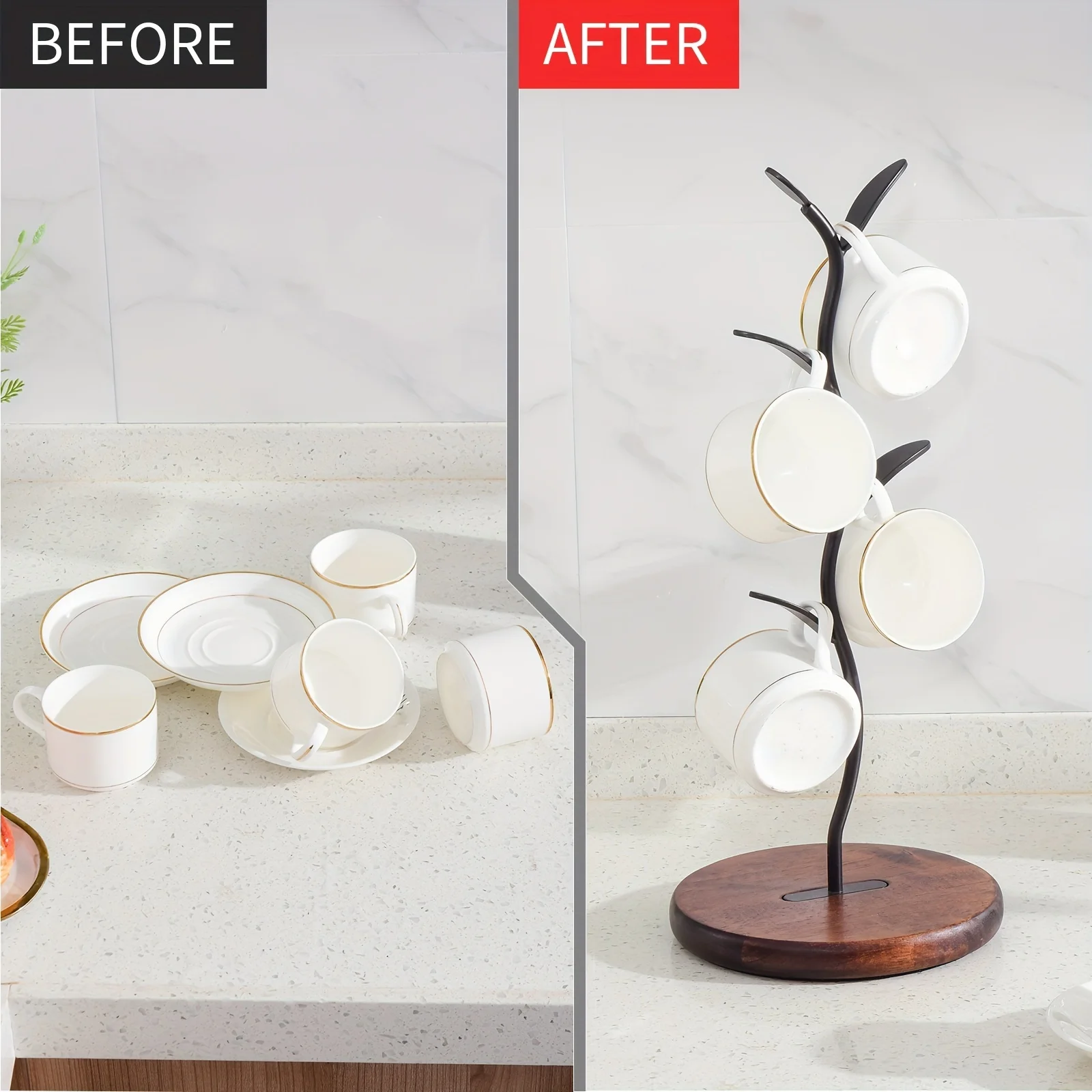 1 pc Wooden Countertop Mug Holder-Spacious for Multiple Mugs, Elegant Modern Design, Free-Standing Mug Tree Stand for Easy Ac