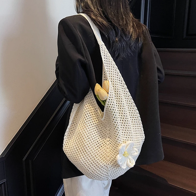 Women Hollow Woven Shoulder Bag Large Capacity Mesh Beach Bag Flower Crochet Shoulder Bag Shopping Travel Commute Bag