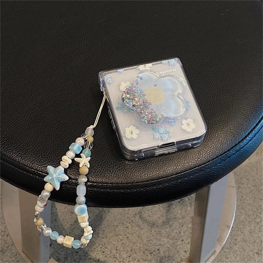 Charming Blue Floral Quicksand Chain Phone Case with Stand