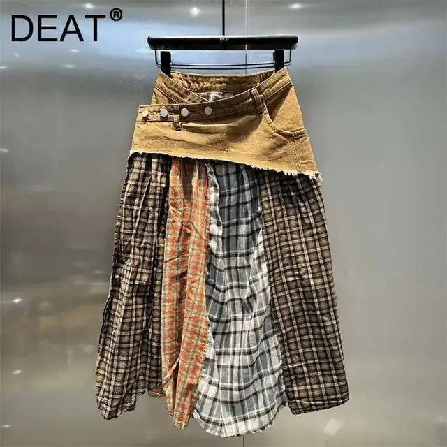 DEAT Women's Fashion Plaid Denim Patchwork Contrast Color Skirts 2025 Spring New Items Casual A-line Skirt Female 11A02462 1