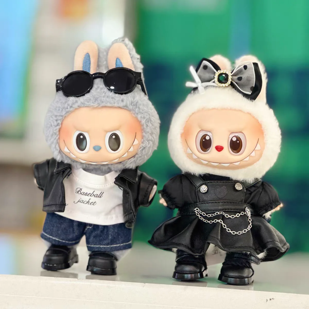 For 17cm Labubu Mokoko Leather jacket and skirt Locomotive Style