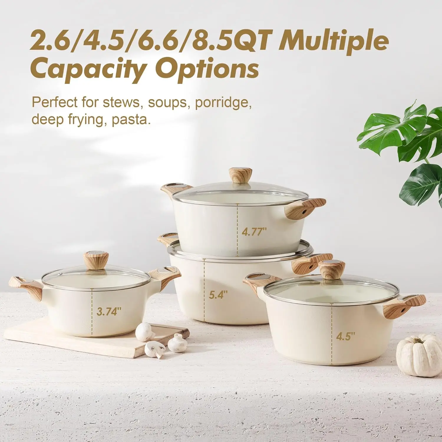 Ceramic Nonstick Stock Pot with Lid, 2.6/4.5/6.6/8.5 QT Soup Pot Casserole Pot, Non-toxic Healthy Pasta Pot, Large Cook 3