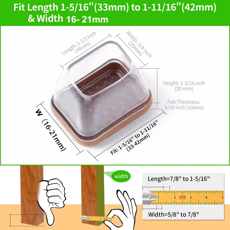 8PCS Silicone Chair Leg Floor Caps Protectors Rectangle with Felt Foot Cover End Caps Covers Width 22-32mm for Hardwood Table - Image 8