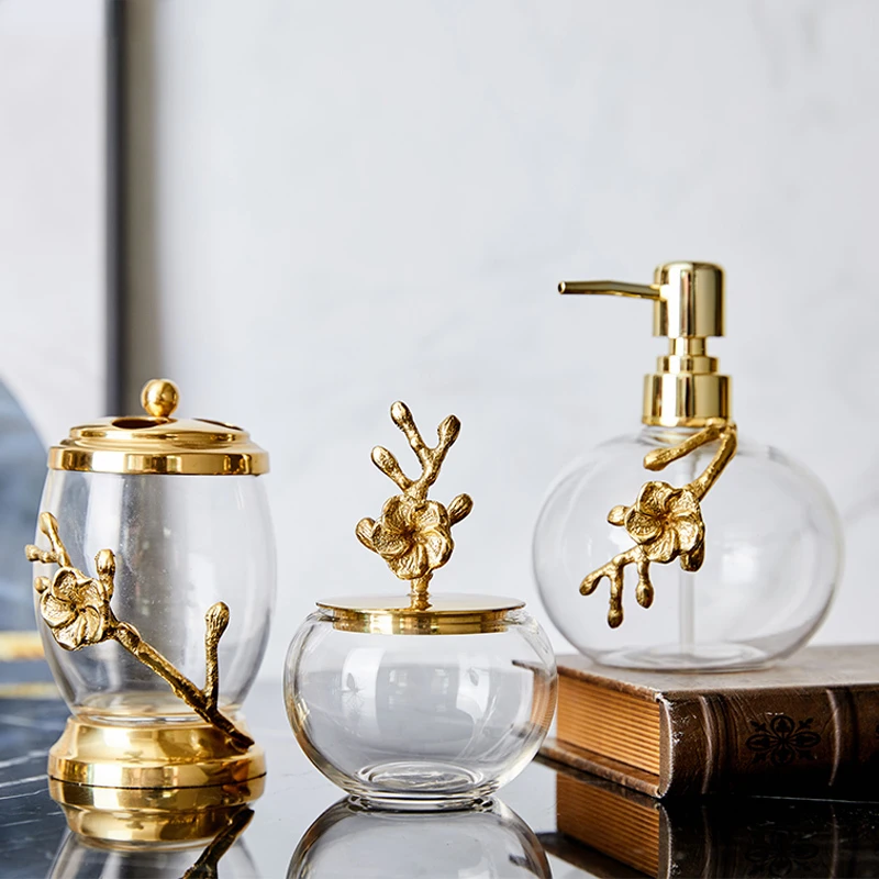 

Light Luxury Bathroom Accessories Brass Transparent Crystal Glass Lotion Bottle Storage Tank Cotton Swab Box Marble Storage Tray